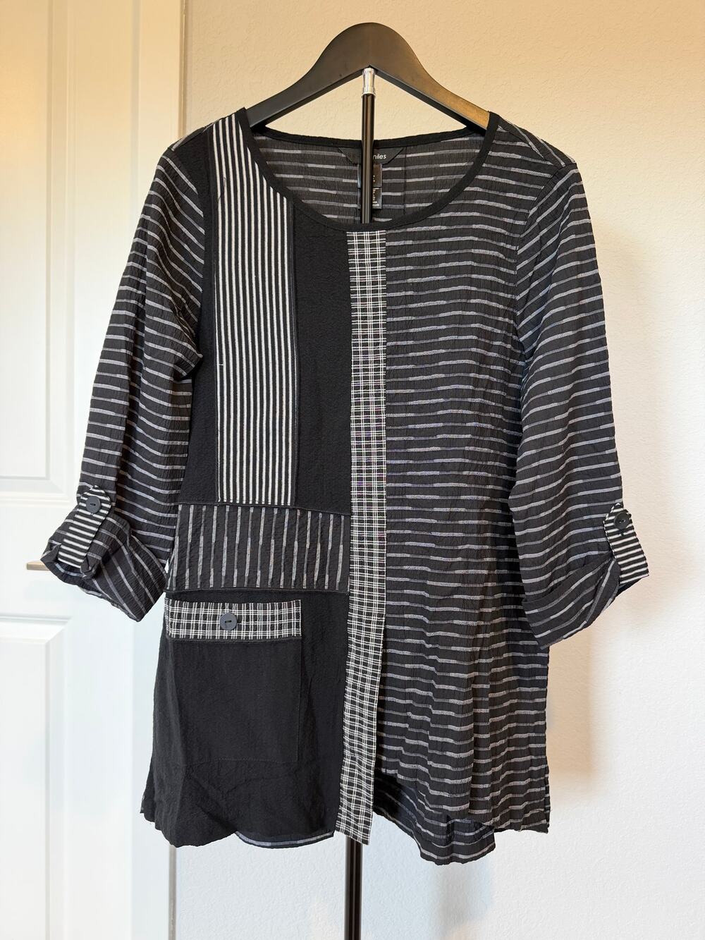 Ali Miles Black Gray Patchwork Striped Asymmetrical Tunic Top Small Artsy Boho